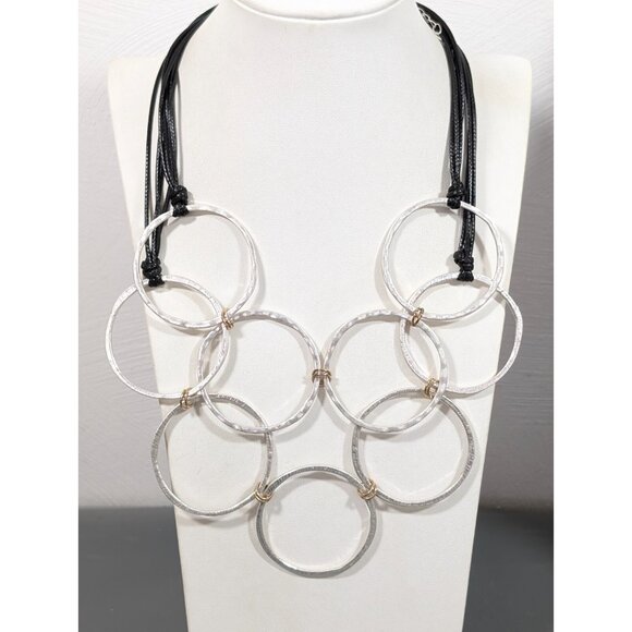CATO Silver Tone Hammered Style Round Link Black Cord Bold Statement Necklace - Picture 1 of 8
